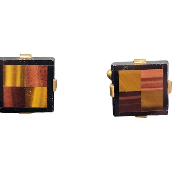 WEH 12Kgf Tigers Eye Onyx Cufflinks Vintage Checkboard Designs Mens Accessories - Picture 2 of 9